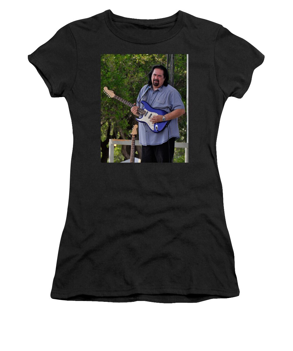 Coco Montoya Women's T-Shirt featuring the photograph Coco Montoya and his Ocean Blue Fender American Standard Stratoc by Ginger Wakem