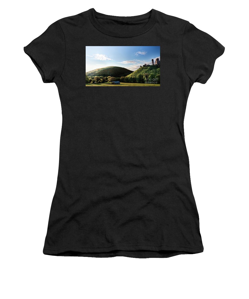 Corfe Castle Women's T-Shirt featuring the photograph Corfe Castle morning panoramic by Simon Bratt