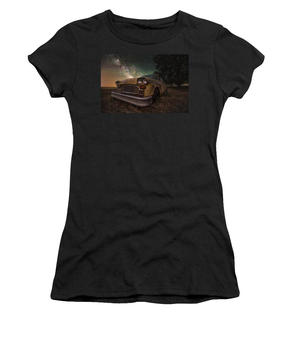 ‪#‎milkyway‬ ‪#‎taxi‬ ‪#‎cab‬ ‪#‎nightphotography‬ ‪#‎astrophtography‬ ‪#‎abandoned‬ ‪#‎ Women's T-Shirt featuring the photograph Cosmic Cab by Aaron J Groen