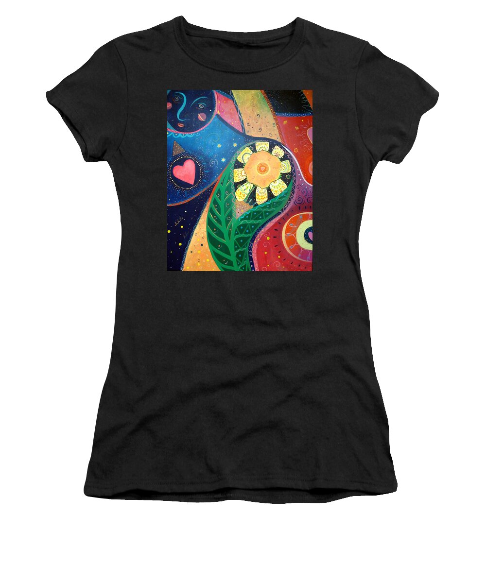 Yin And Yang Women's T-Shirt featuring the painting Cosmic Carnival II aka Duality by Helena Tiainen