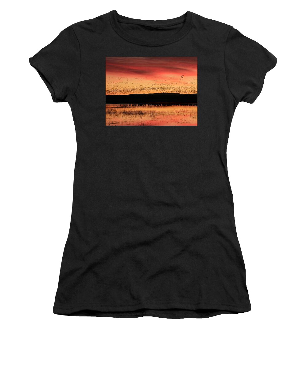 Bosque De Apache Women's T-Shirt featuring the photograph Crimson Sunset at Bosque by Marla Craven
