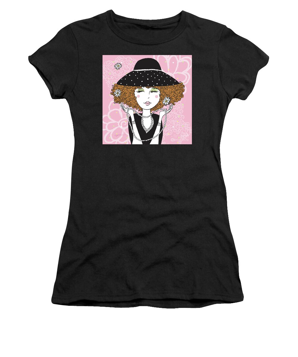 Hat Women's T-Shirt featuring the digital art Curly Girl in Polka Dots by Shari Warren