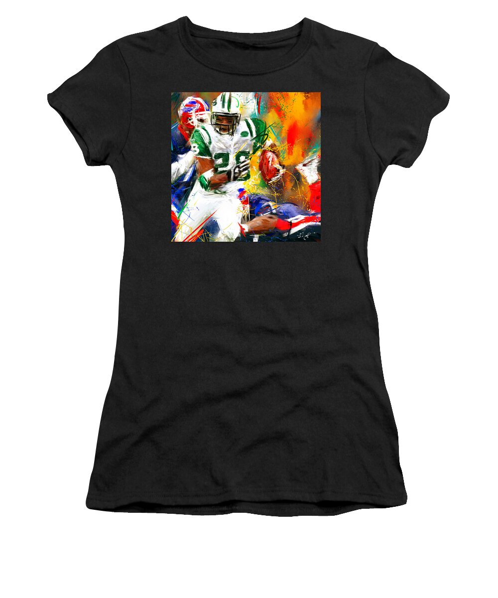 Curtis Martin Women's T-Shirt featuring the painting Curtis Martin New York Jets by Lourry Legarde