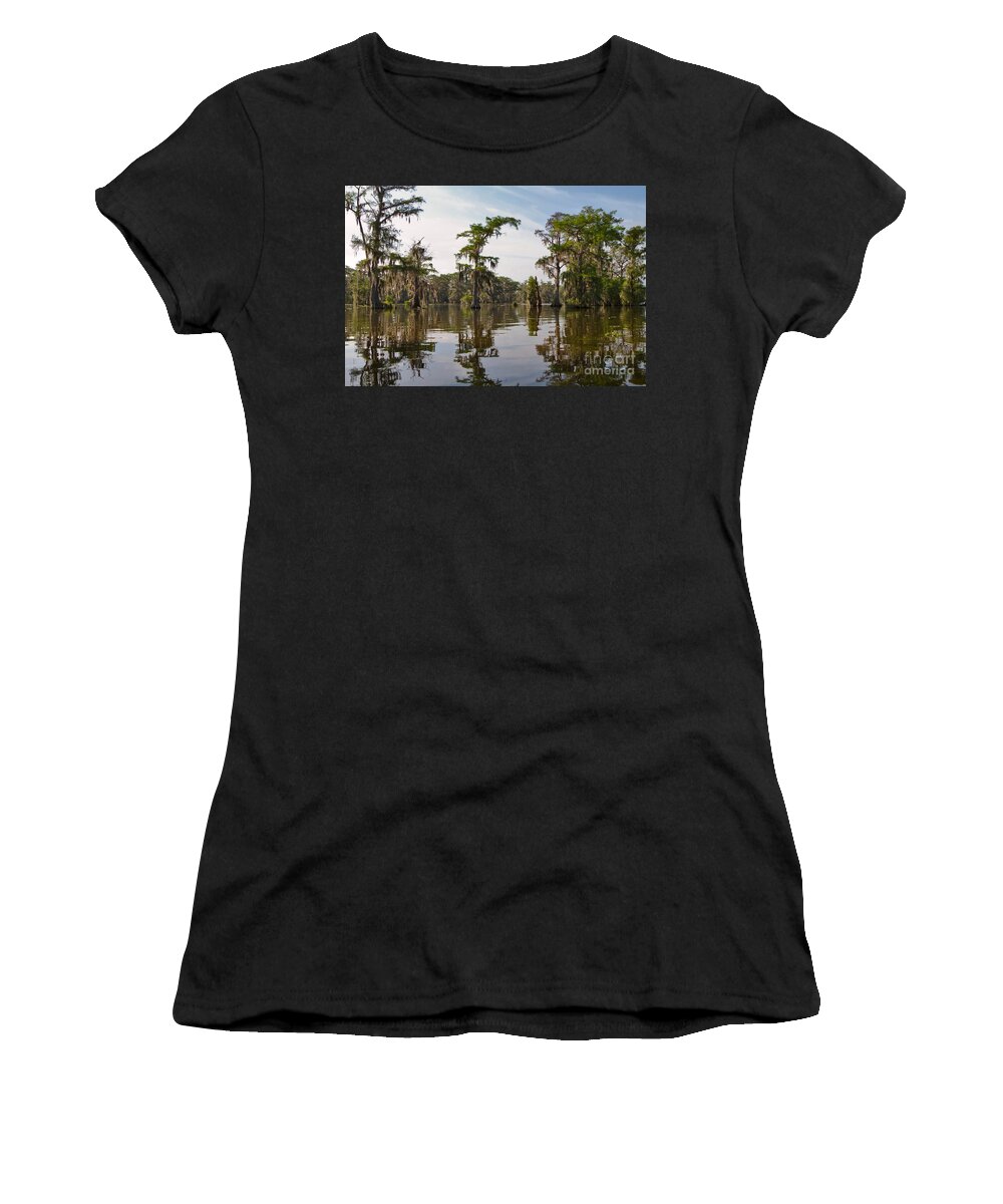 Swamp Women's T-Shirt featuring the photograph Cypress Trees and Spanish Moss in Lake Martin by Louise Heusinkveld