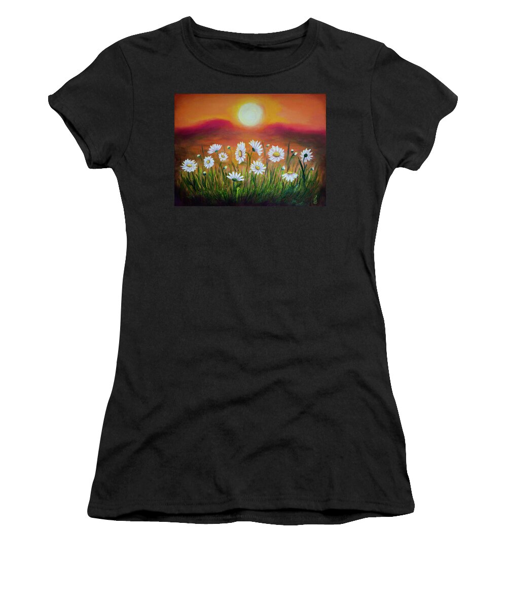Daisies Women's T-Shirt featuring the painting Daisies at sunset by Lilia S