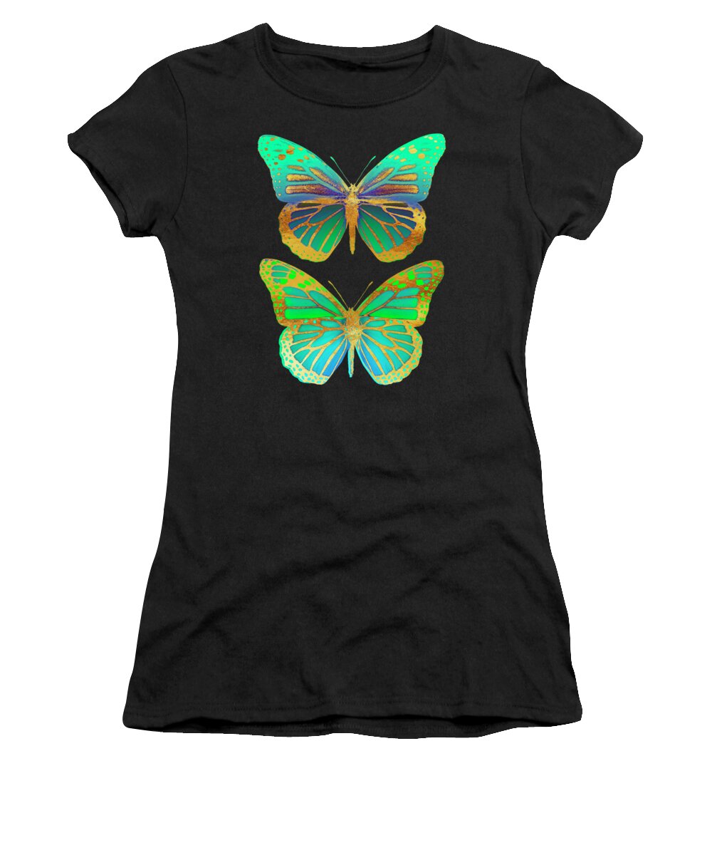Pop Art Women's T-Shirt featuring the painting Danaus Plexippus Psychedelicus II, Pop Art Gold Psychedelic Butterflies by Tina Lavoie