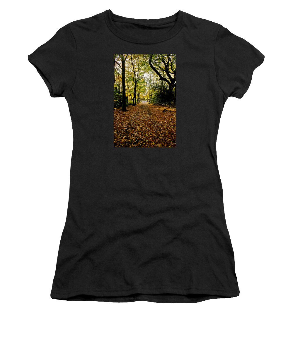 Alley Women's T-Shirt featuring the photograph Dark alley and sunlit foliage. by Elena Perelman