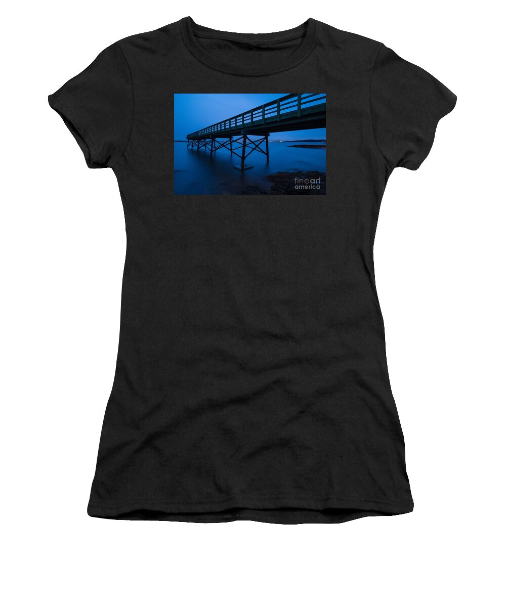 Atlantic Ocean Women's T-Shirt featuring the photograph Darkness on New Haven Harbor - Pier Along Connecticut Coast by JG Coleman