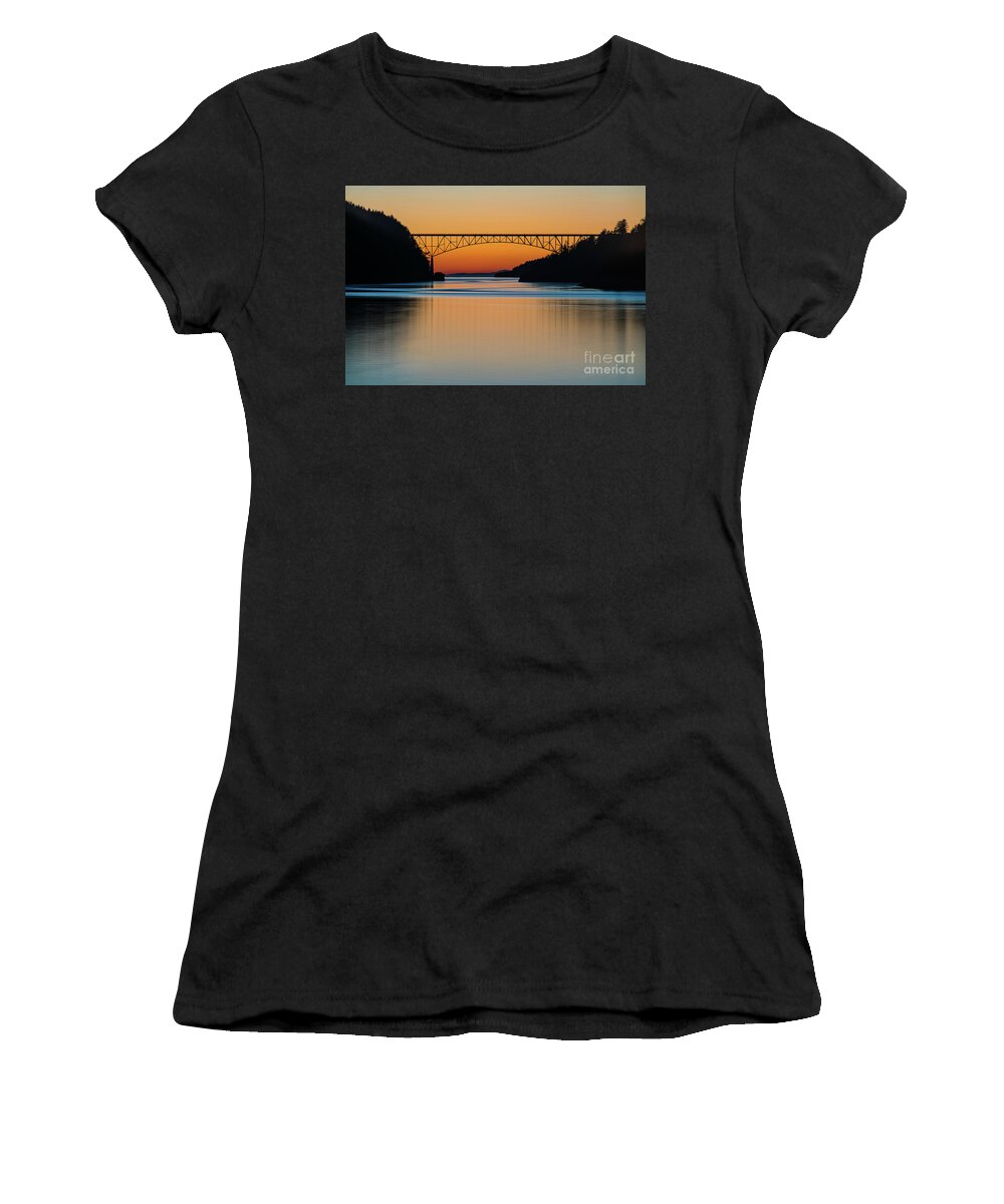 Deception Pass Women's T-Shirt featuring the photograph Deception Pass Bridge Sunset Tranquility by Mike Reid