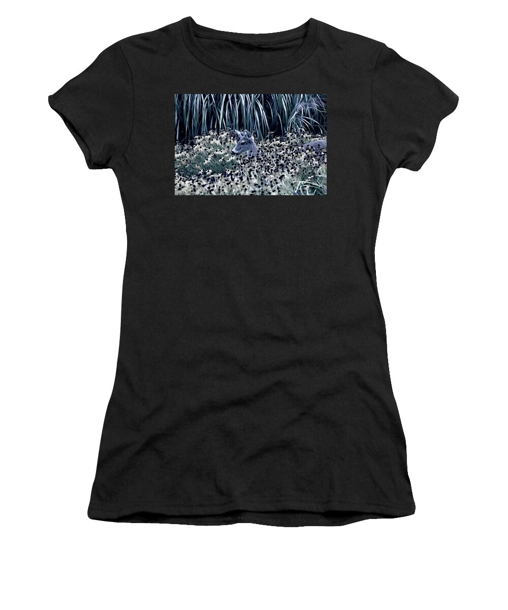 Deer Women's T-Shirt featuring the photograph Deer and Lazy Susan Flowers Monotone by Peggy Collins