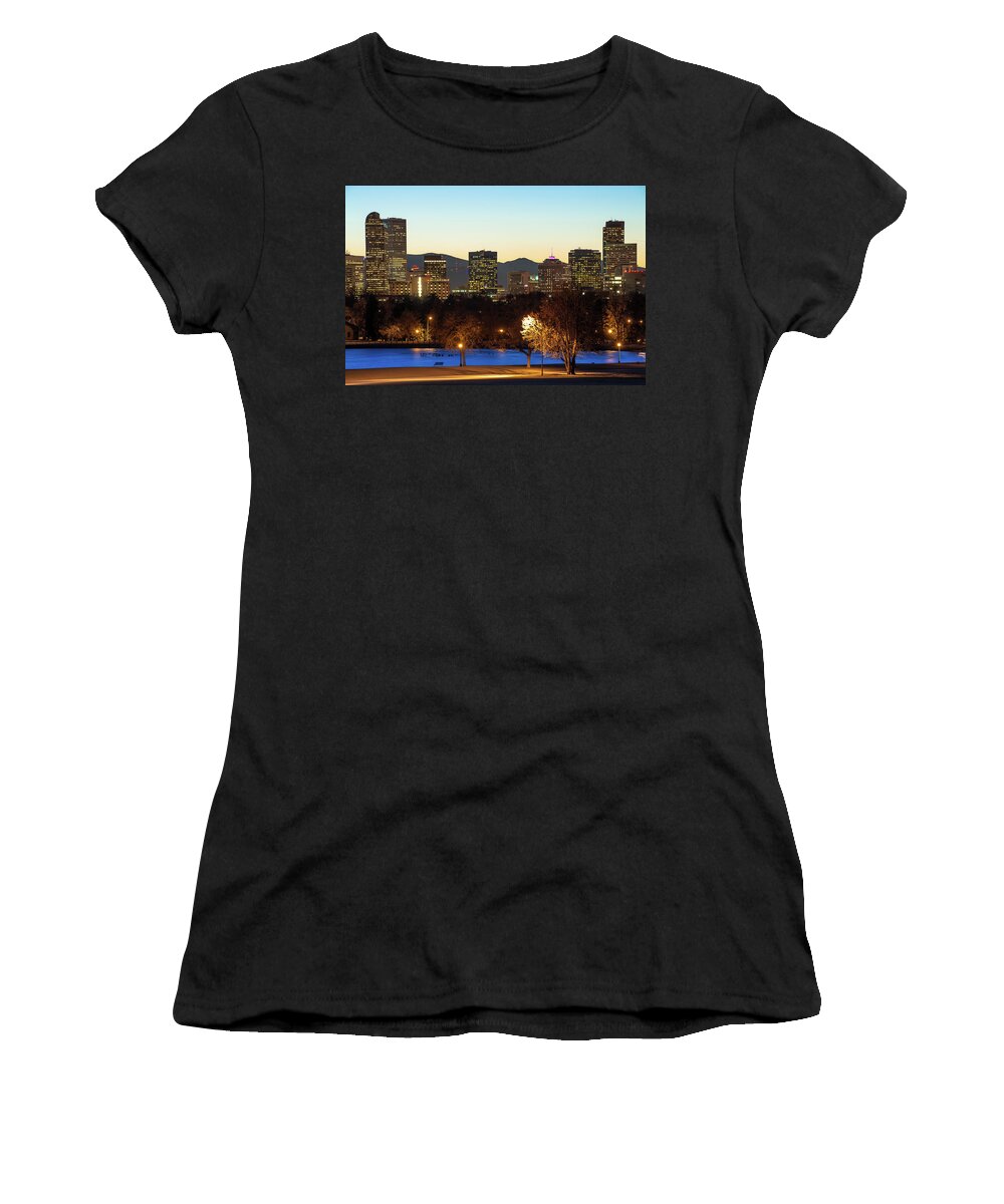 America Women's T-Shirt featuring the photograph Denver Skyline - City Park View - Cool Blue by Gregory Ballos