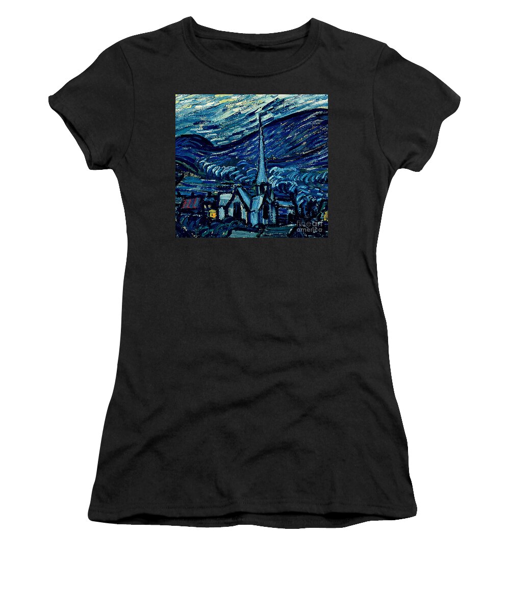 Post-impressionist;stars;star;nocturne;landscape;church Spire;moon;moonlight;tree;sky;cosmic;st;remy;provence;french;saint-remy;post-impressionism Women's T-Shirt featuring the painting Detail of The Starry Night by Vincent Van Gogh