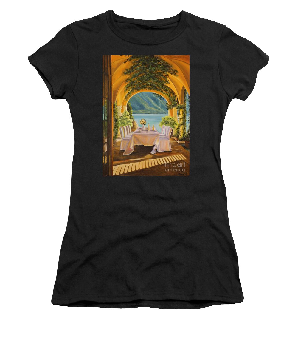 Lake Como Artwork Women's T-Shirt featuring the painting Dining on Lake Como by Charlotte Blanchard