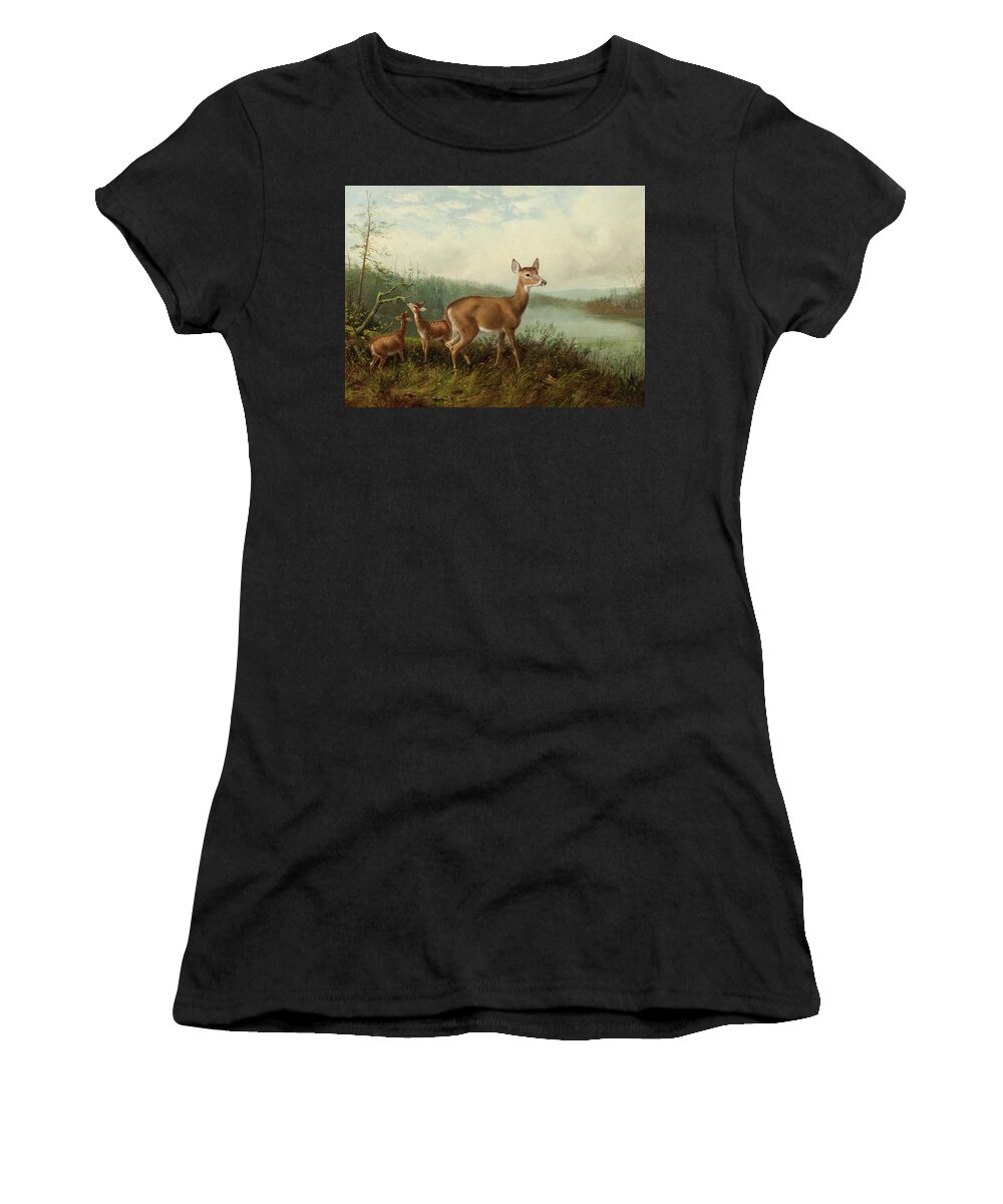Arthur Fitzwilliam Tait (18191905) Doe And Fawns By Long Lake Women's T-Shirt featuring the painting Doe and Fawns by Long Lake by MotionAge Designs