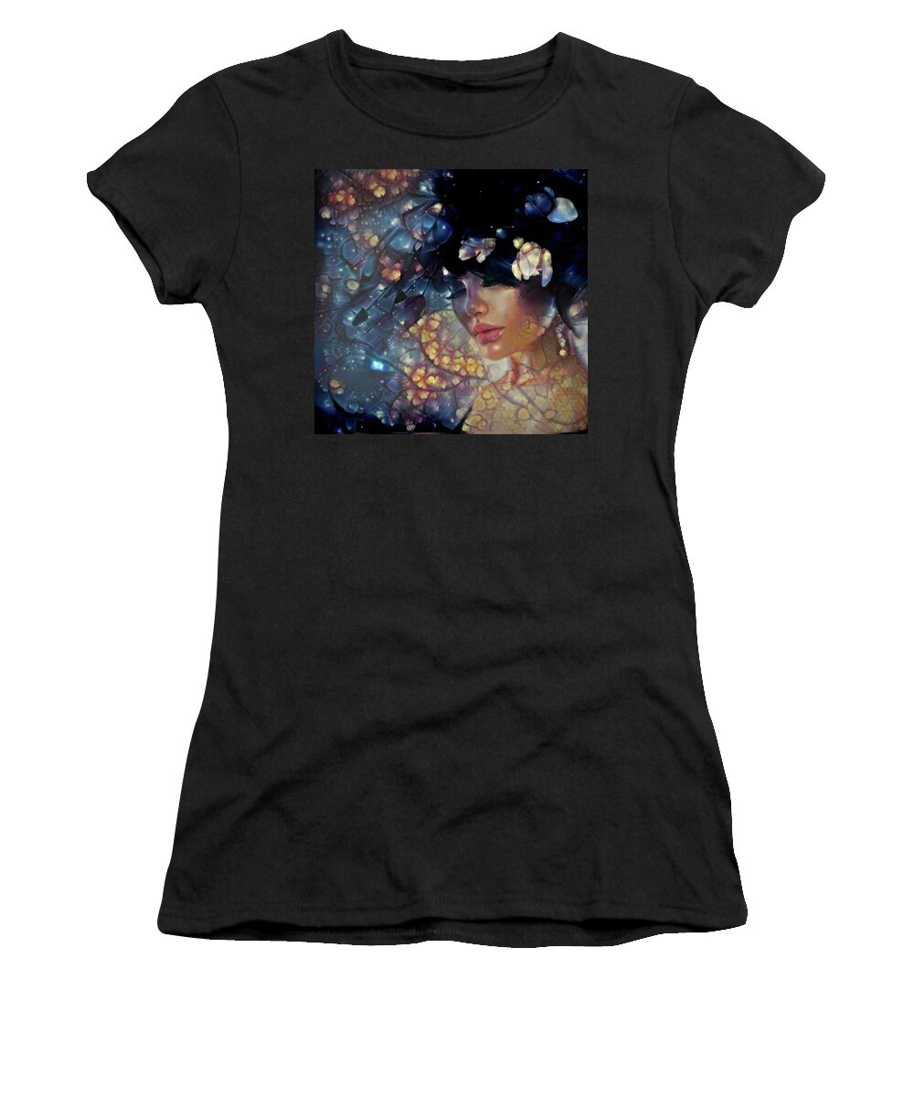 Dreams Women's T-Shirt featuring the mixed media Dreams of Floral Galaxy by Lilia S