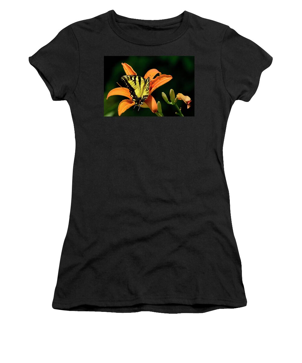 Butterfly Women's T-Shirt featuring the photograph Swallowtail Butterfly On Orange Lily by Christina Rollo