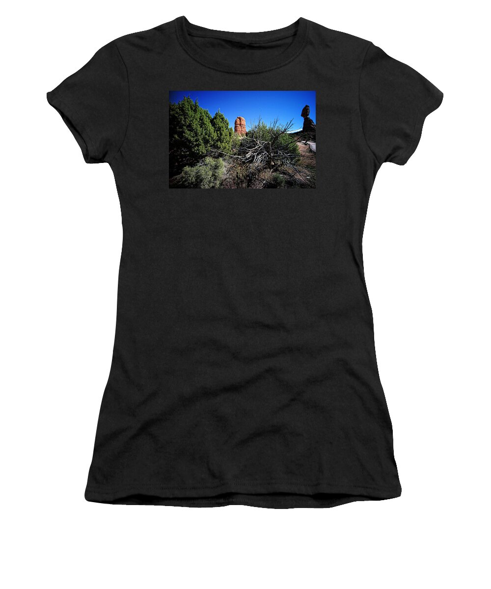 Arches National Park Women's T-Shirt featuring the photograph Edge Of Life Arches by Lawrence Christopher