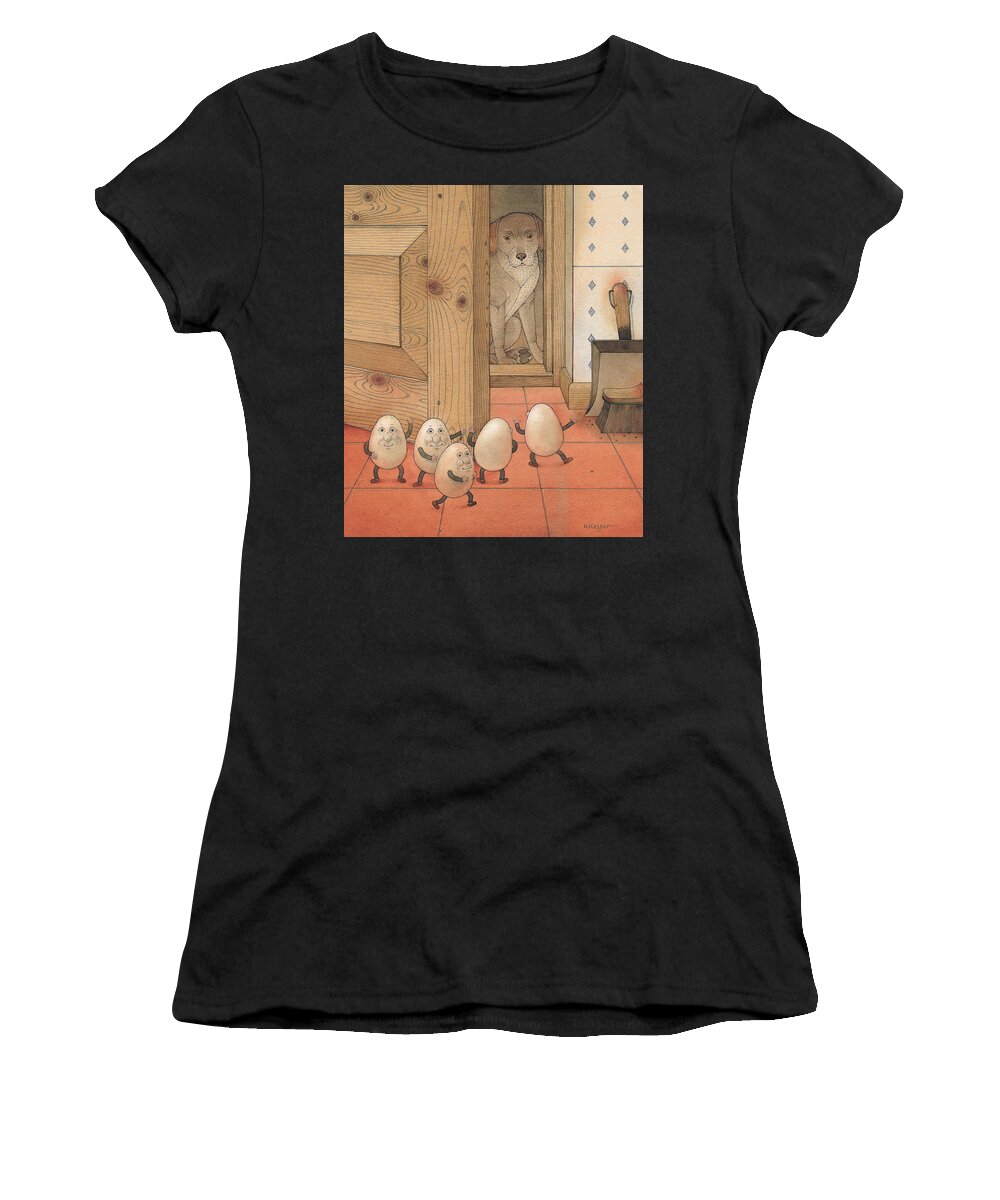  Kitchen Red Brown Dog Eggs Women's T-Shirt featuring the painting Eggs and Dog by Kestutis Kasparavicius