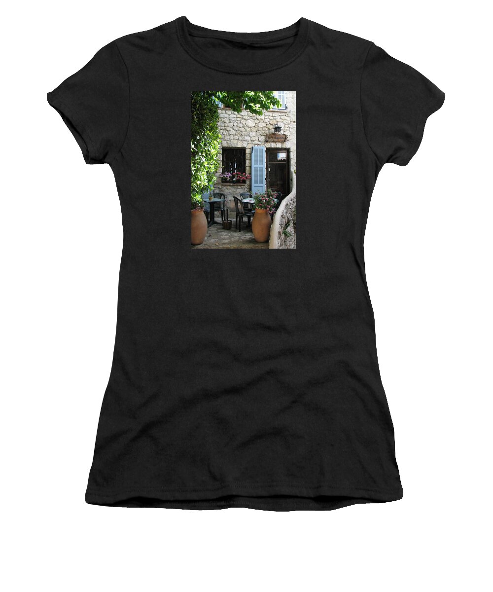 Eze Women's T-Shirt featuring the photograph Eze Cobblestone Patio by Carla Parris