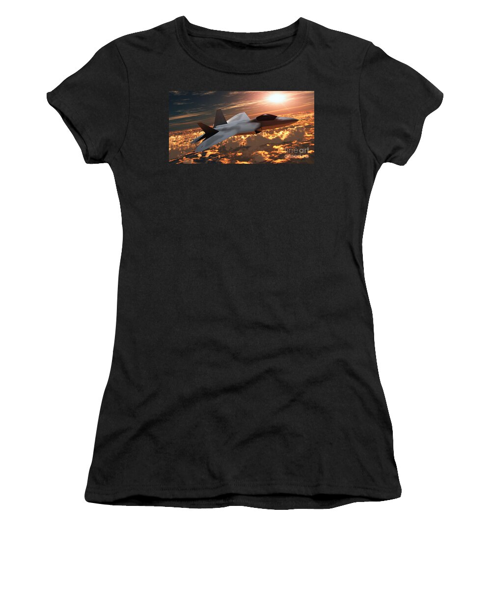 Fighter Women's T-Shirt featuring the painting F22 Fighter Jet at Sunset by Corey Ford