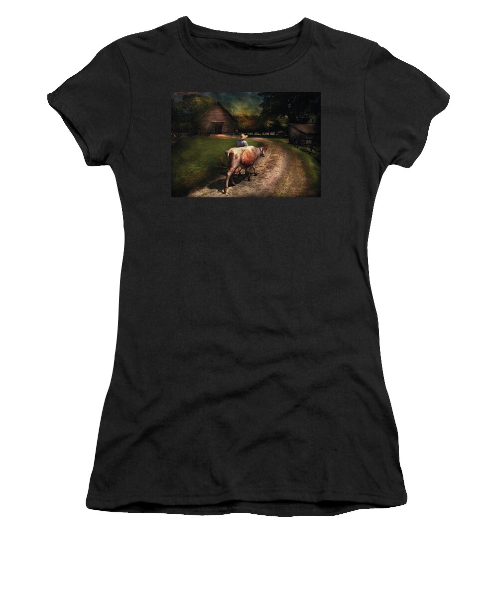 Savad Women's T-Shirt featuring the photograph Farm - Cow - Going to milk Mabel by Mike Savad