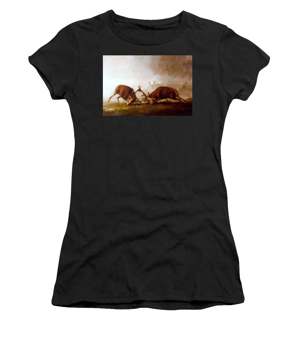 Fighting Stags Women's T-Shirt featuring the painting Fighting Stags II. by Attila Meszlenyi
