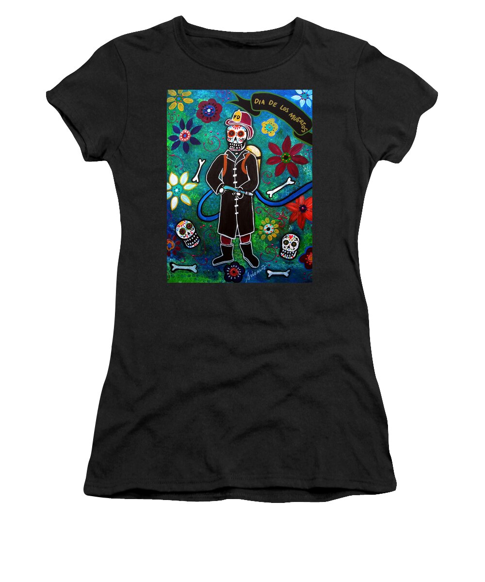 Dia Women's T-Shirt featuring the painting Firefighter Day Of The Dead by Pristine Cartera Turkus