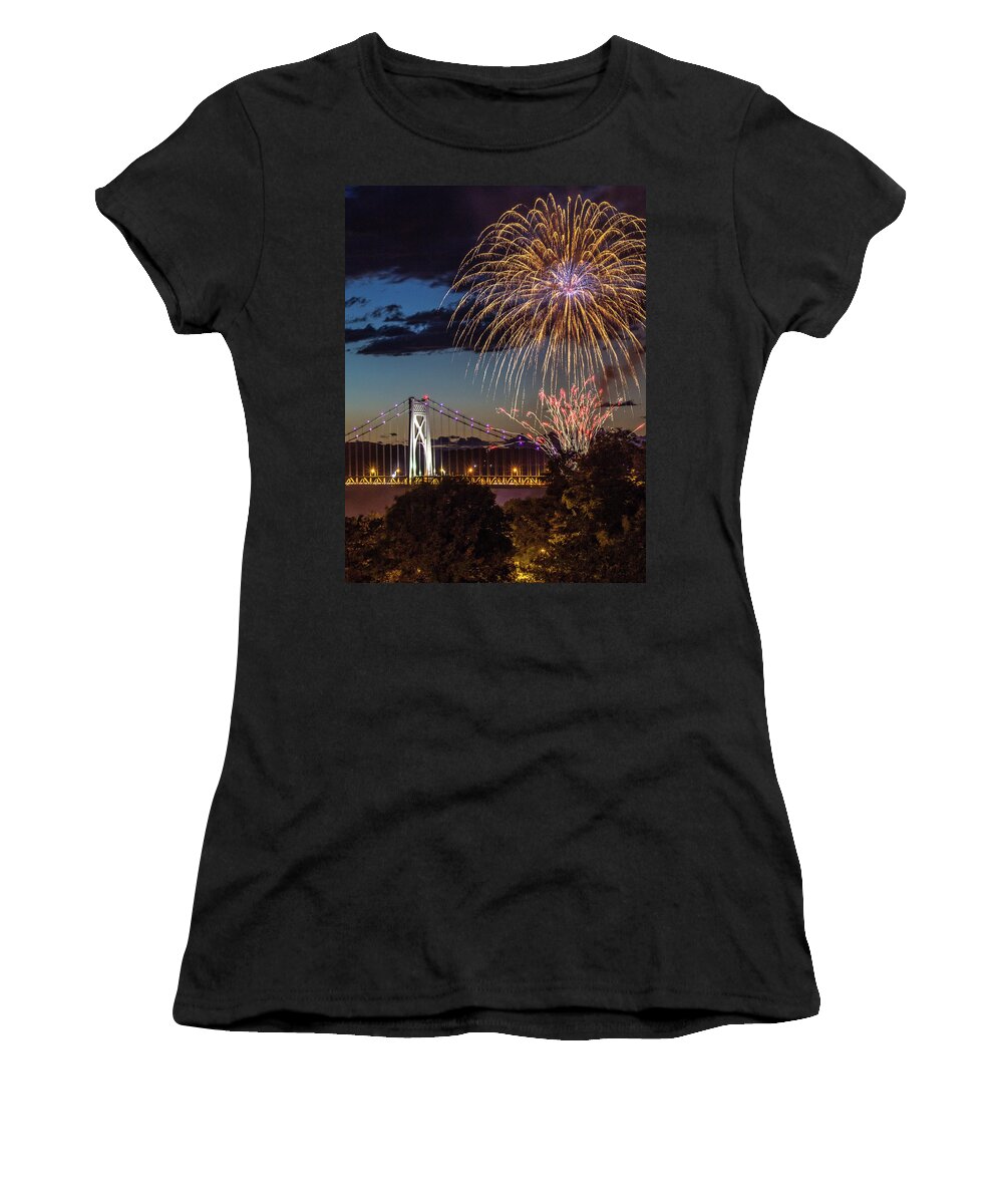 Hudson Valley Women's T-Shirt featuring the photograph Fireworks Over the Mid - Hudson Bridge by John Morzen
