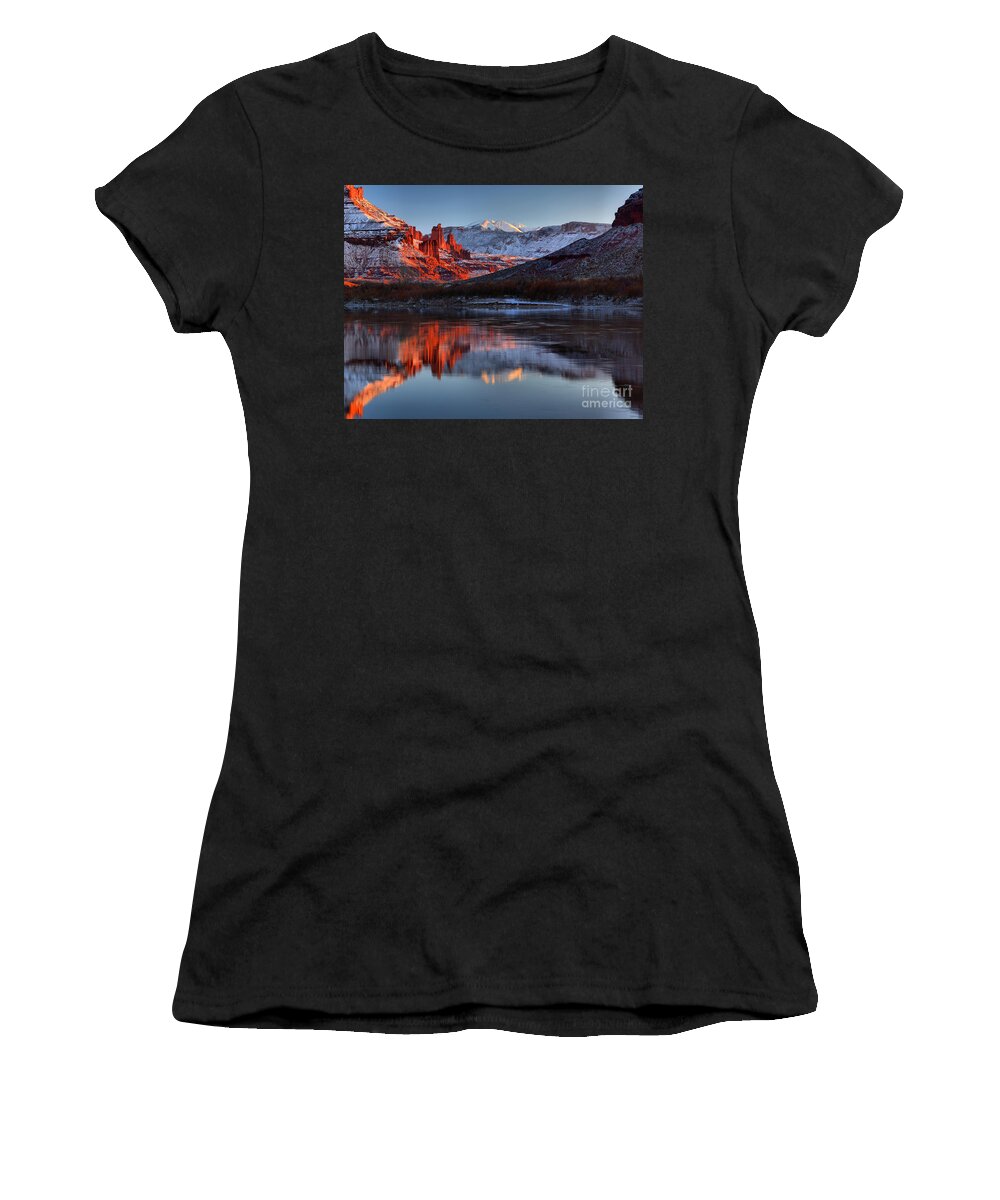Fisher Towers Women's T-Shirt featuring the photograph Fisher Towers Sunset On The Colorado by Adam Jewell