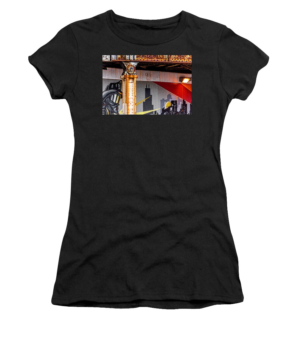 #chicago #architecture #downtown #abstract #design #art #photography #design #abstractarchitecturalphotography #firefighters #fireman Women's T-Shirt featuring the photograph FlairMax Industries Sponsors 2010 Chicago Fireman Mural v5 DSC_0613 by Raymond Kunst