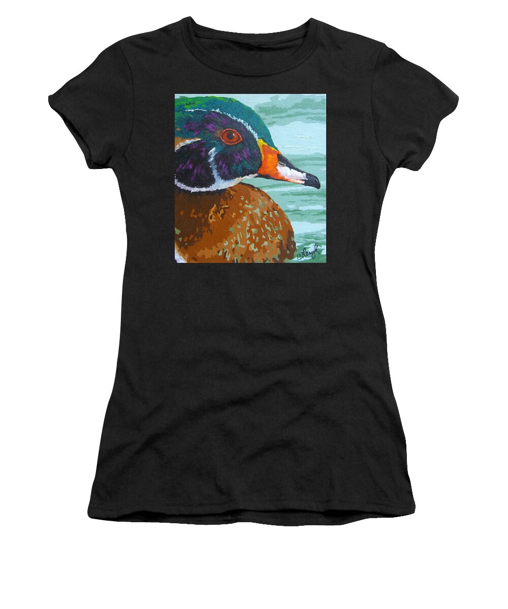 Wood Duck Women's T-Shirt featuring the painting Floating Jewel by Cheryl Bowman