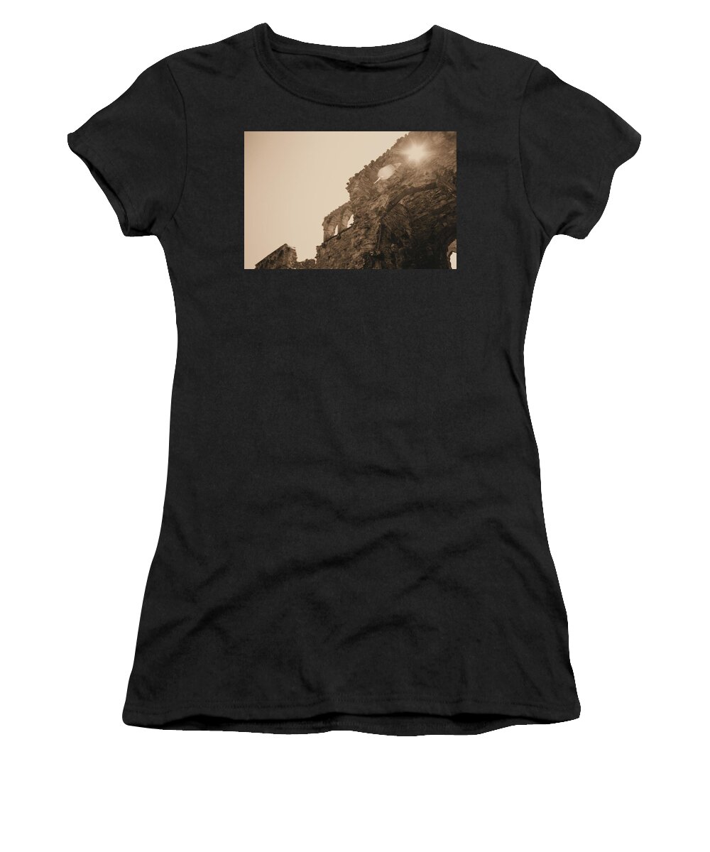 Fountains Fountain Abbey England Sepia Old Medieval Middle Ages Church Monastery Nun Nuns Architecture York Yorkshire Monasteries Aldfield Ruins Saint Century Black Death Claustral Building Cistercian Granges Cathedral Cloister Feudal Women's T-Shirt featuring the photograph Fountains Abbey #62 by Raymond Magnani