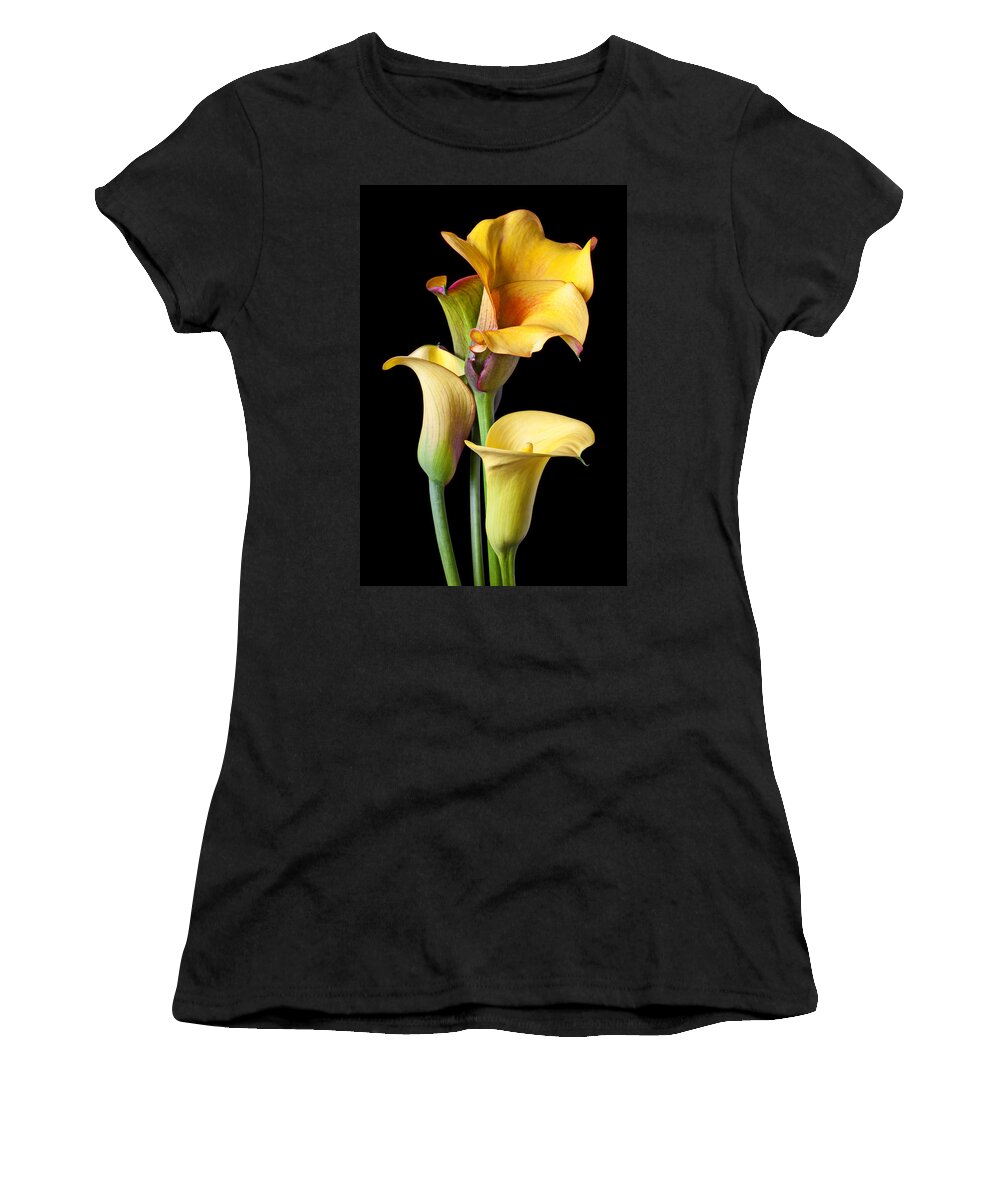 Calla Lily Women's T-Shirt featuring the photograph Four calla lilies by Garry Gay