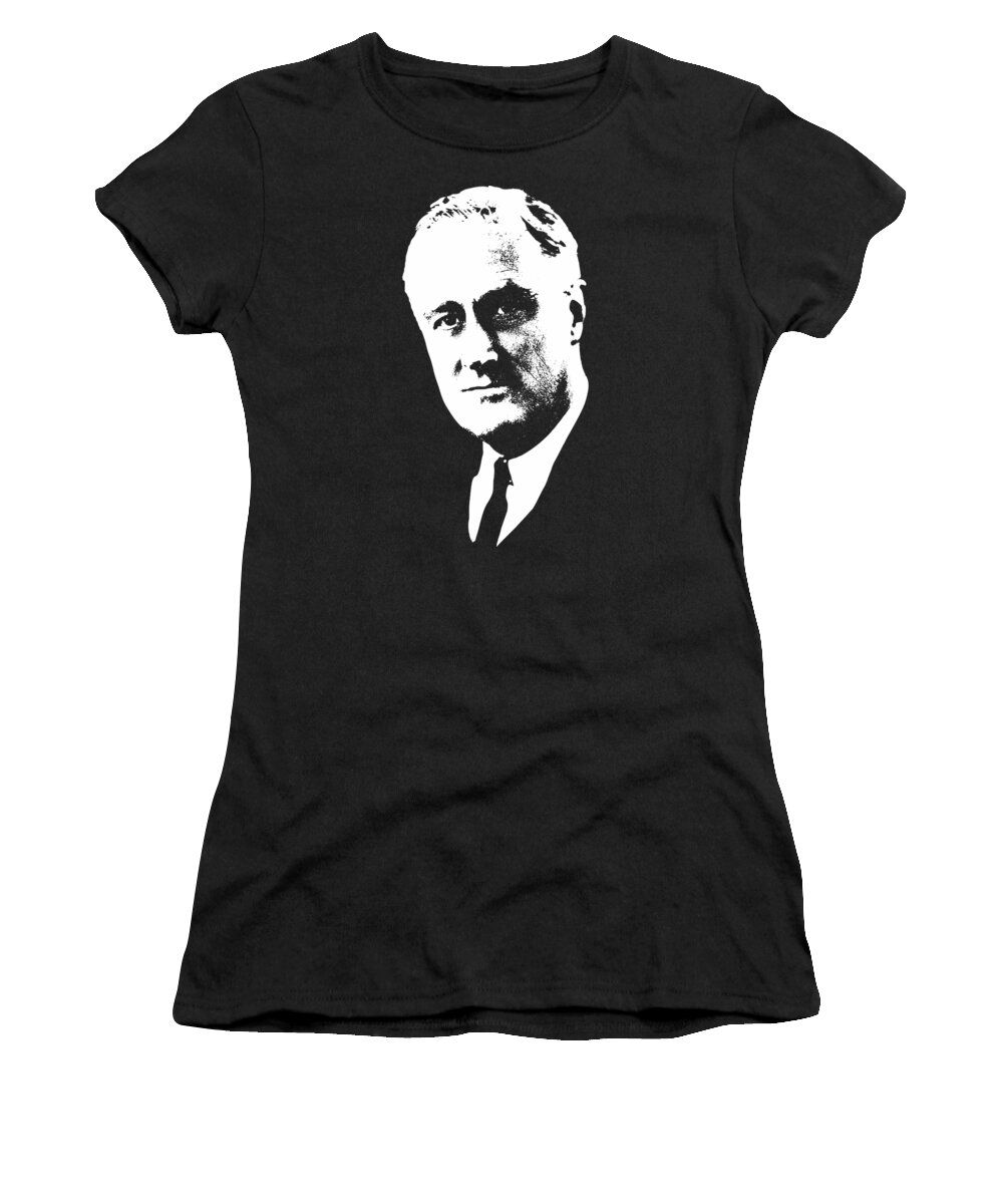 Roosevelt Women's T-Shirt featuring the mixed media Franklin D. Roosevelt White On Black Pop Art by Filip Schpindel