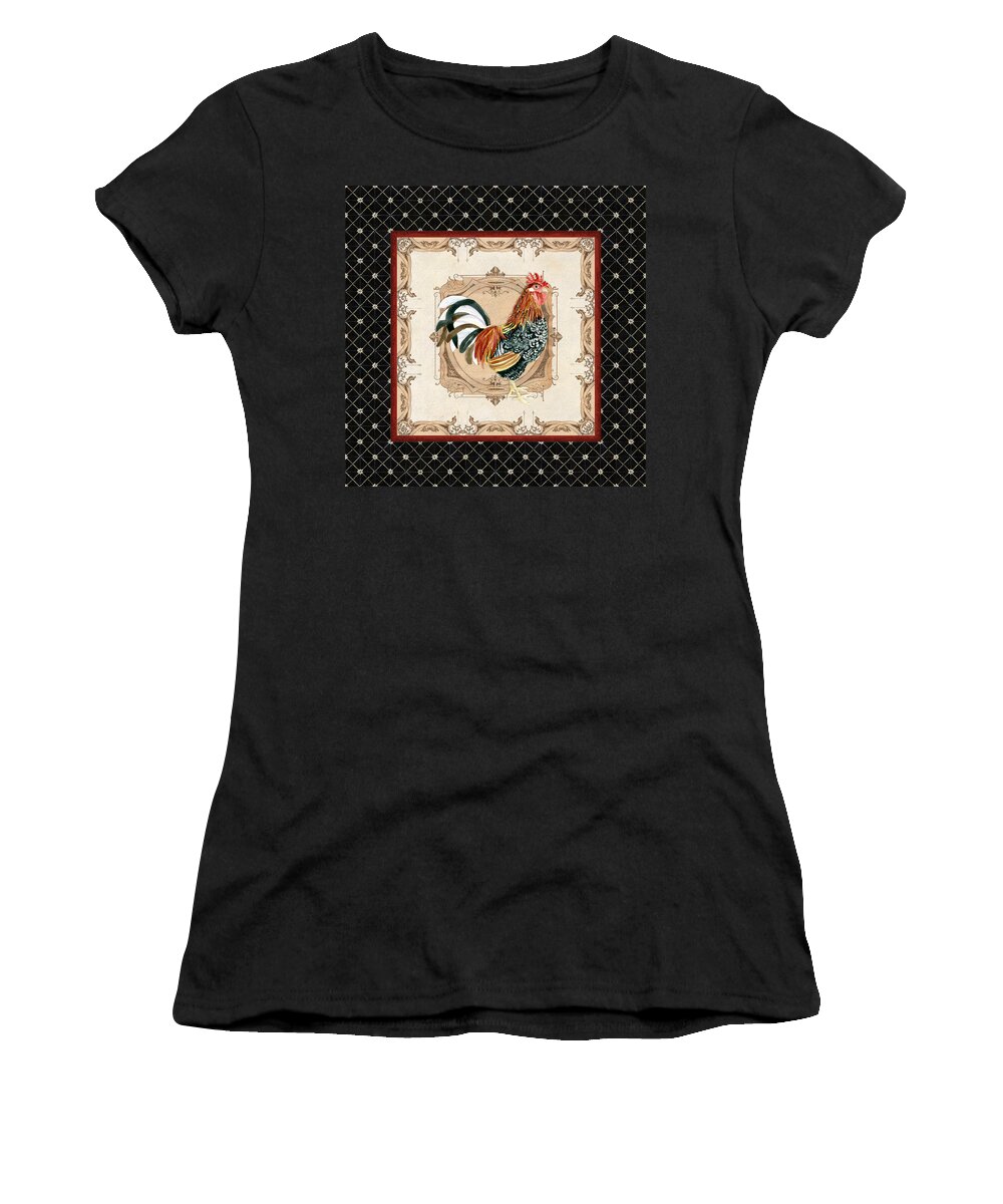 Etched Women's T-Shirt featuring the painting French Country Roosters Quartet Black 1 by Audrey Jeanne Roberts