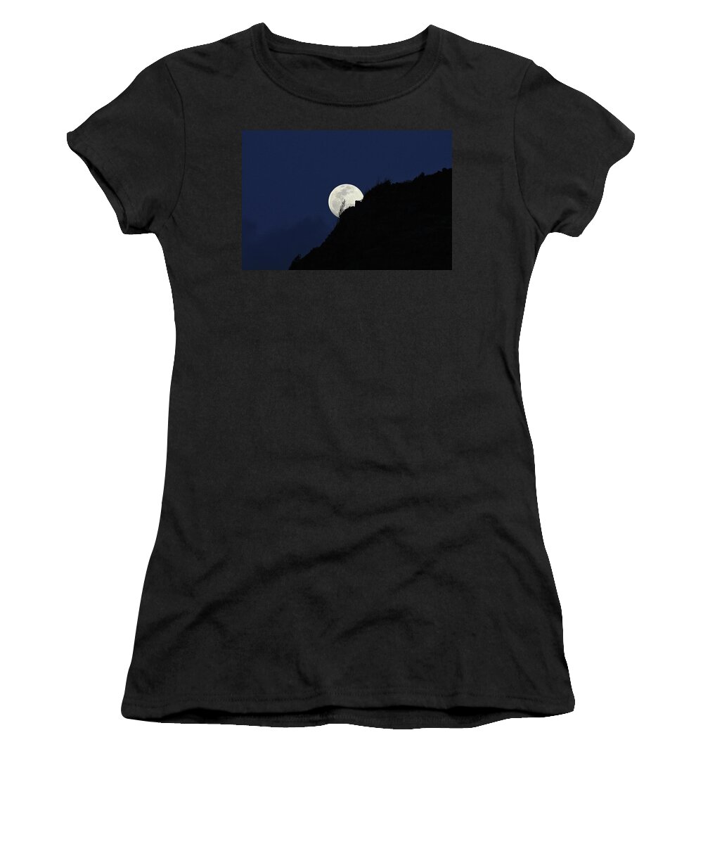 Photosbymch Women's T-Shirt featuring the photograph Full moon behind Makapu'u by M C Hood