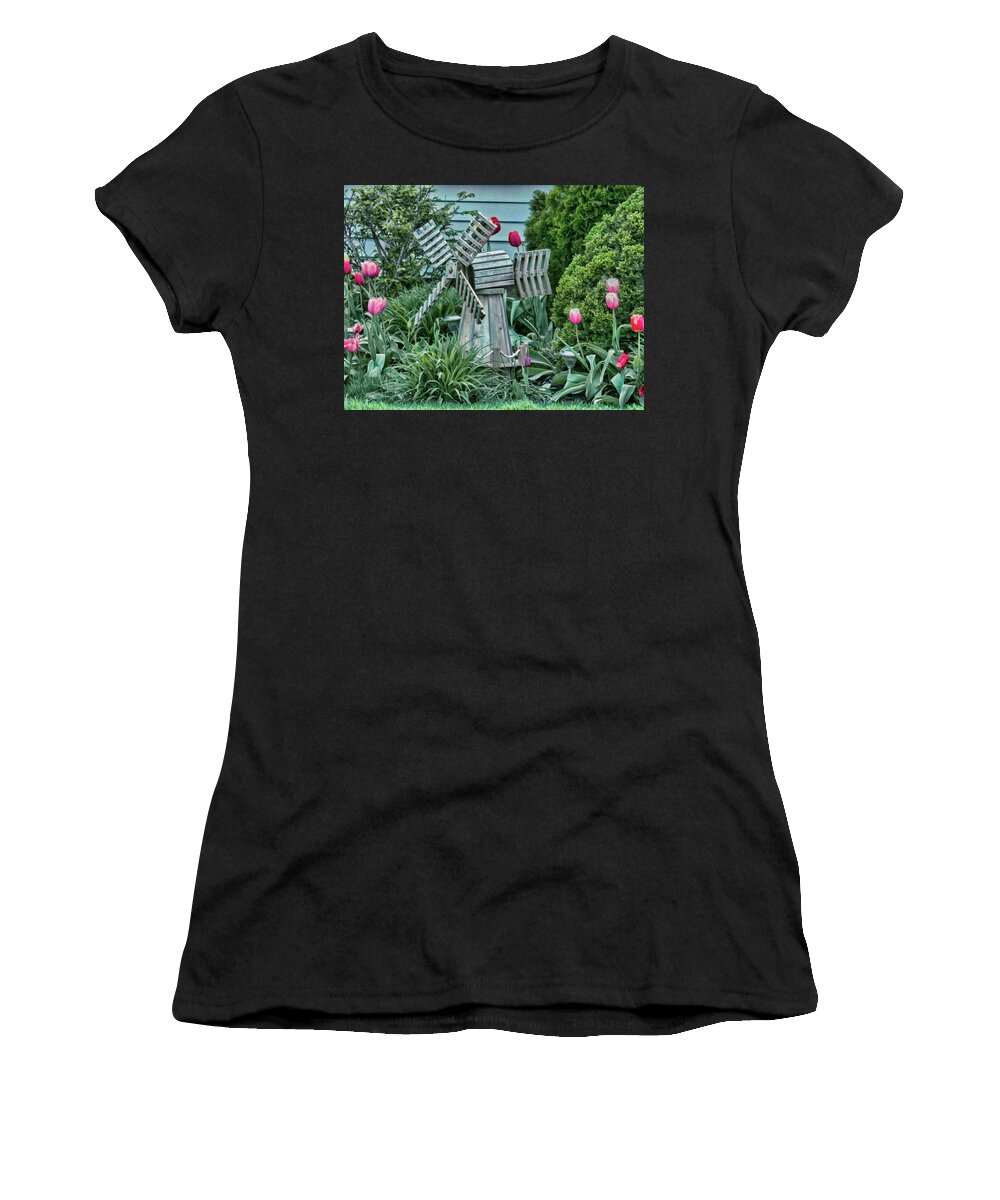 Garden Windmill Women's T-Shirt featuring the photograph Garden Windmill by Leslie Montgomery