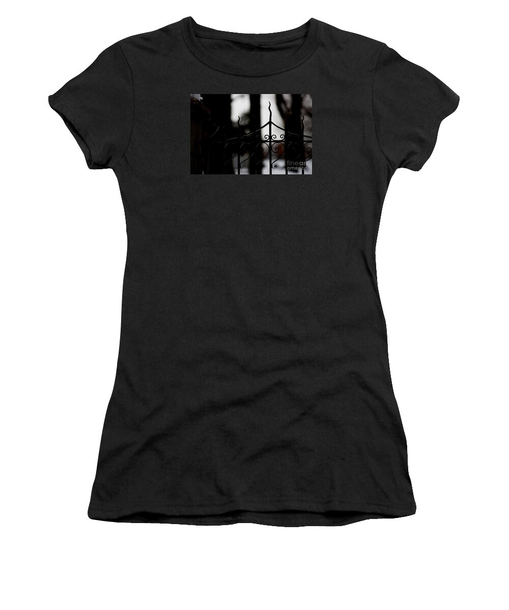 Wrought Iron Women's T-Shirt featuring the photograph Gated Woods by Linda Shafer