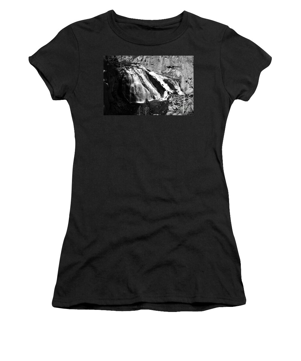 Yellowstone Women's T-Shirt featuring the photograph Gibbon Falls Cascade into Gibbon River in Yellowstone National Park Black and White by Shawn O'Brien