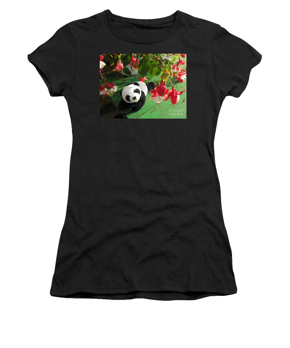 Baby Panda Women's T-Shirt featuring the photograph Ginny Under The Red And White Fuchsia by Ausra Huntington nee Paulauskaite