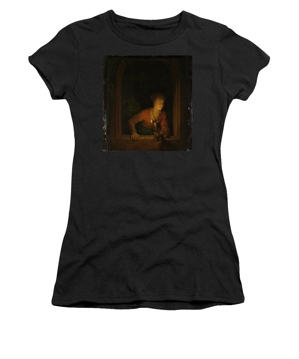 Girl With Lamp Women's T-Shirt featuring the painting Girl with an Oil Lamp at a Window by Vincent Monozlay