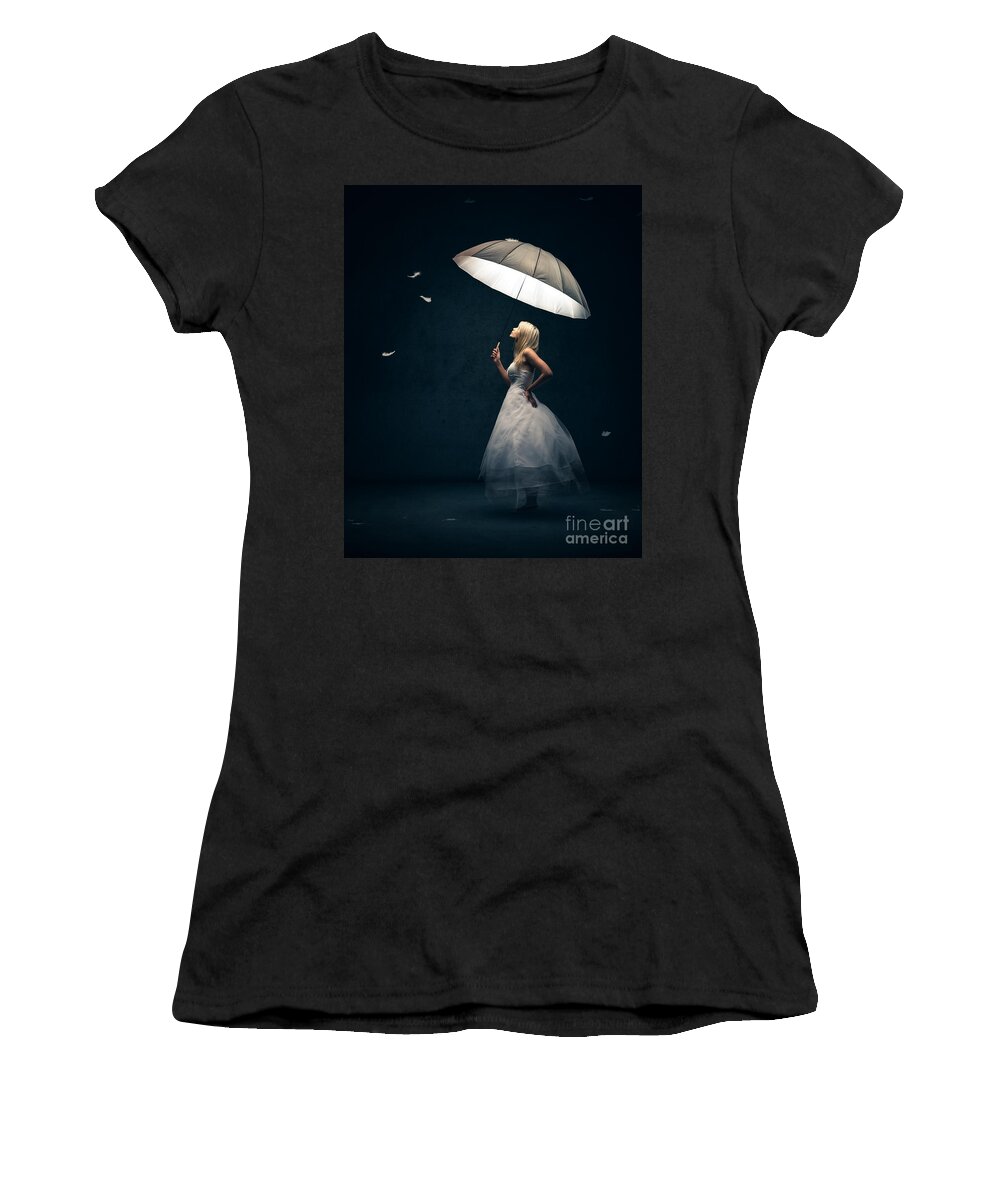 Girl Women's T-Shirt featuring the photograph Girl with umbrella and falling feathers by Johan Swanepoel