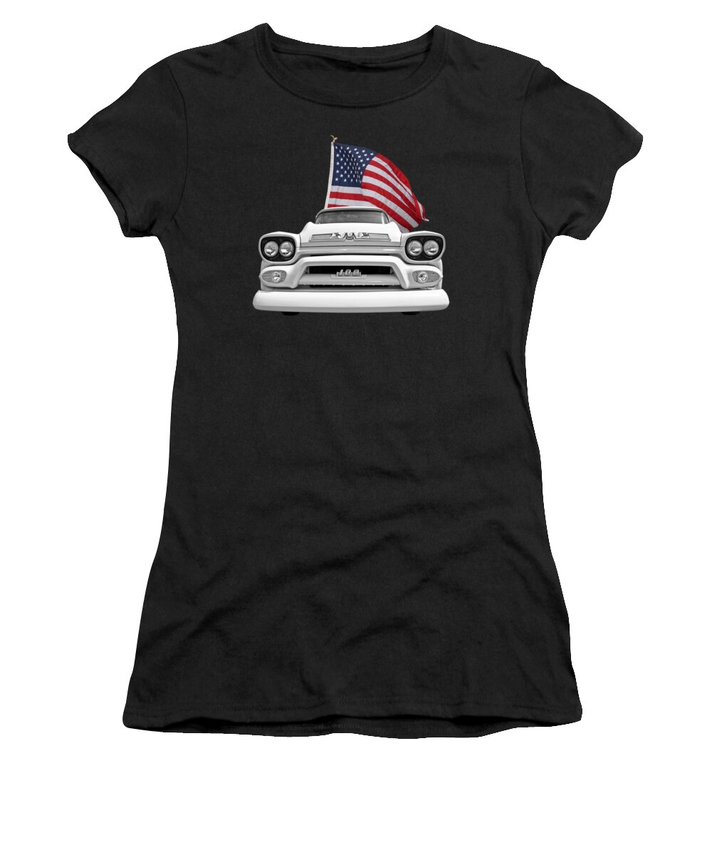 Gmc Truck Women's T-Shirt featuring the photograph GMC Pickup With US Flag by Gill Billington