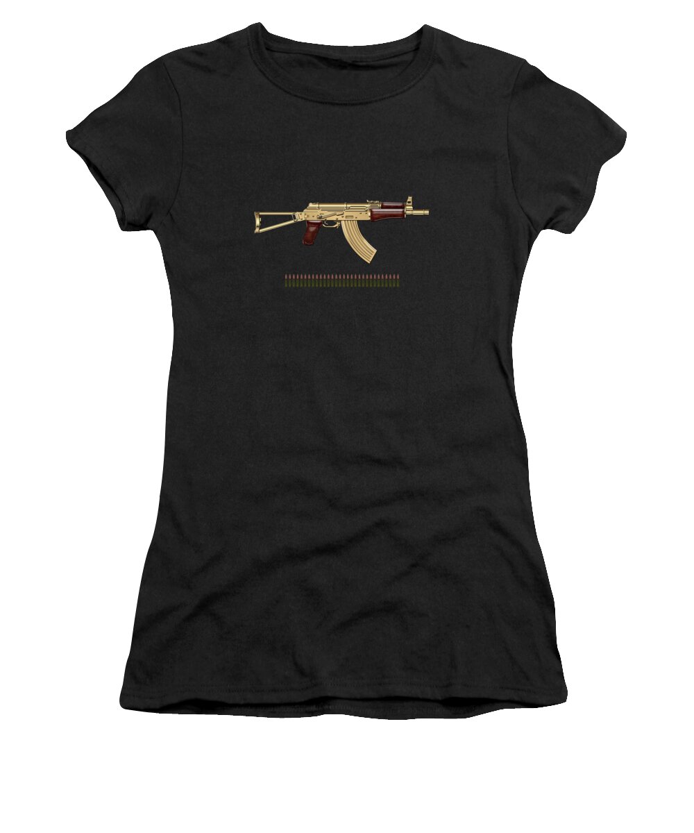 'the Armory' Collection By Serge Averbukh Women's T-Shirt featuring the digital art Gold A K S-74 U Assault Rifle with 5.45x39 Rounds over Red Velvet by Serge Averbukh