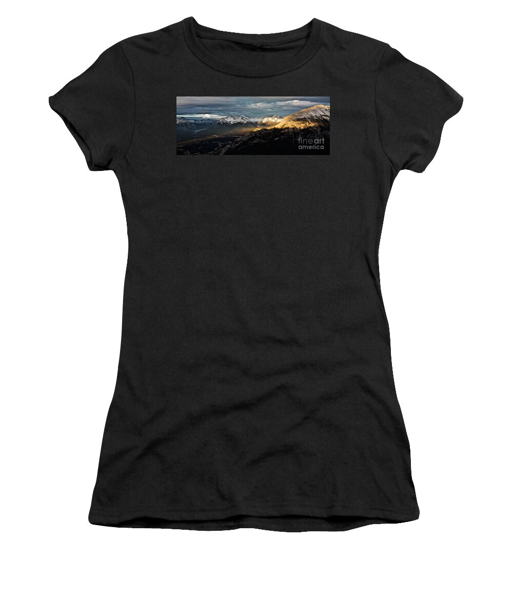 Sun Women's T-Shirt featuring the photograph Golden Streaked Mountain Peaks by Linda Bianic