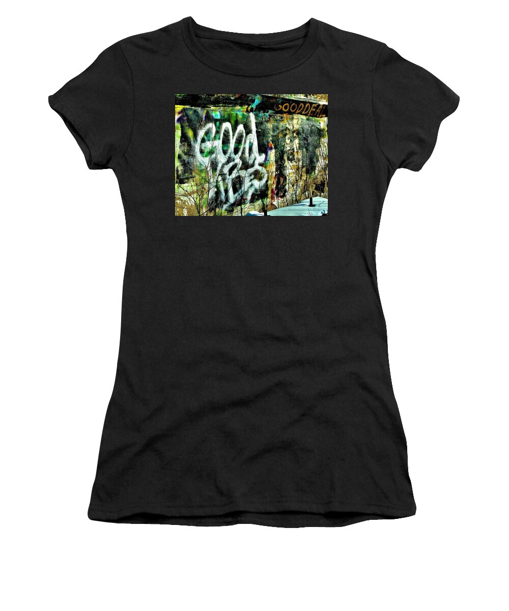 Abstract Graffiti Stone Wall Good Vibes Good Deal Women's T-Shirt featuring the photograph Good Vibes by Mykul Anjelo