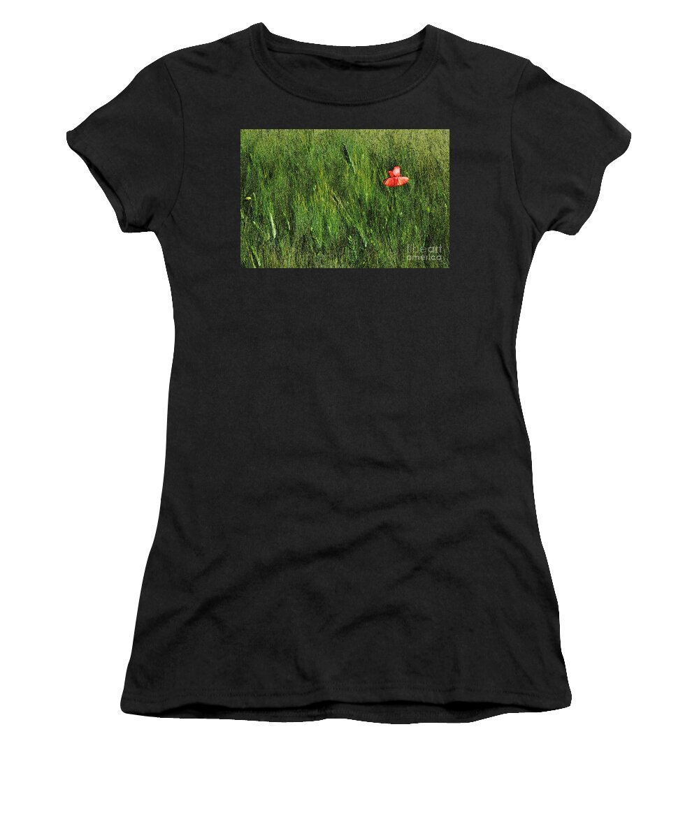 Art Women's T-Shirt featuring the photograph Grassland and Red Poppy Flower 2 by Jean Bernard Roussilhe