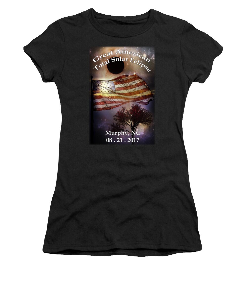 American Women's T-Shirt featuring the digital art Great American Eclipse American Flag T Shirt Art by Debra and Dave Vanderlaan