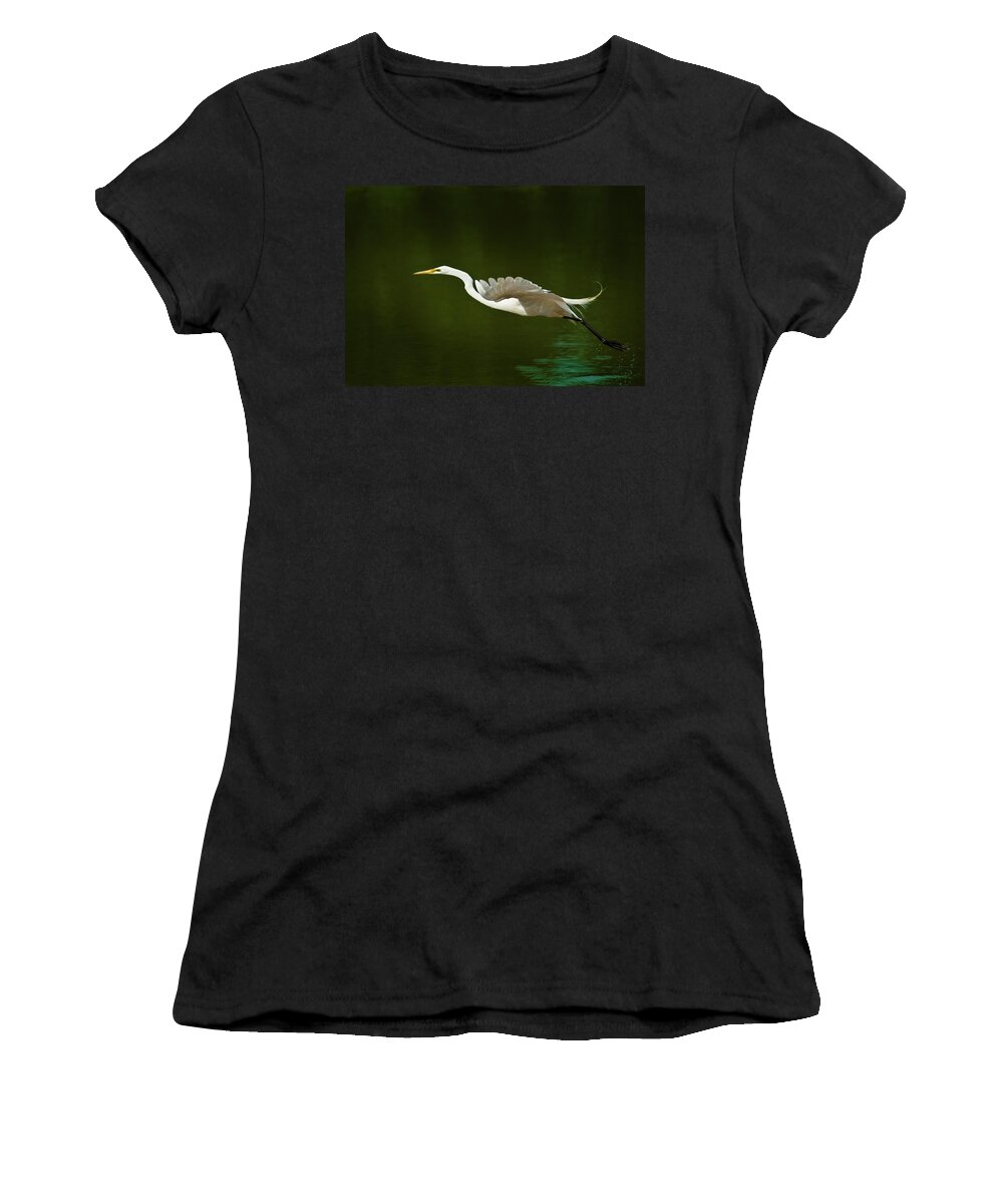 Great Egret Women's T-Shirt featuring the photograph Great Egret Takeoff by Onyonet Photo studios