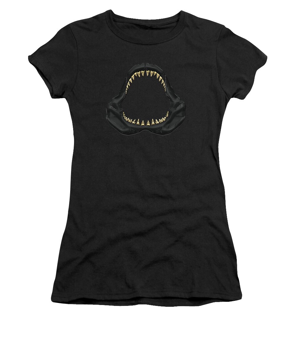 'black On Black' Collection By Serge Averbukh Women's T-Shirt featuring the digital art Great White Shark - Black Jaws with Gold Teeth on Black Canvas by Serge Averbukh